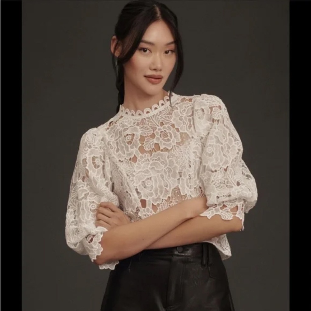 ANTHROPOLOGIE Sarah Hann Lace Blouse in White NWOT Size XS